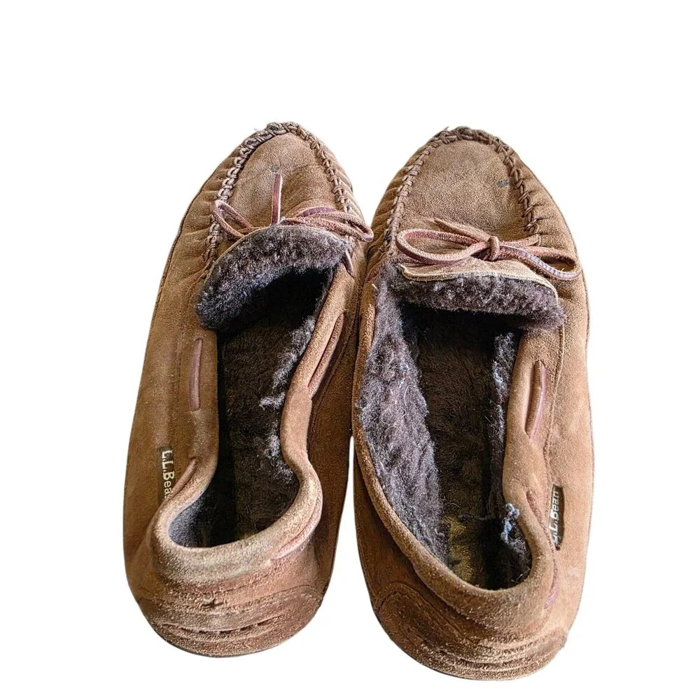 L.L. Bean Men Moccasin Suede Sherpa Lined Slipper Brown Sz 9
